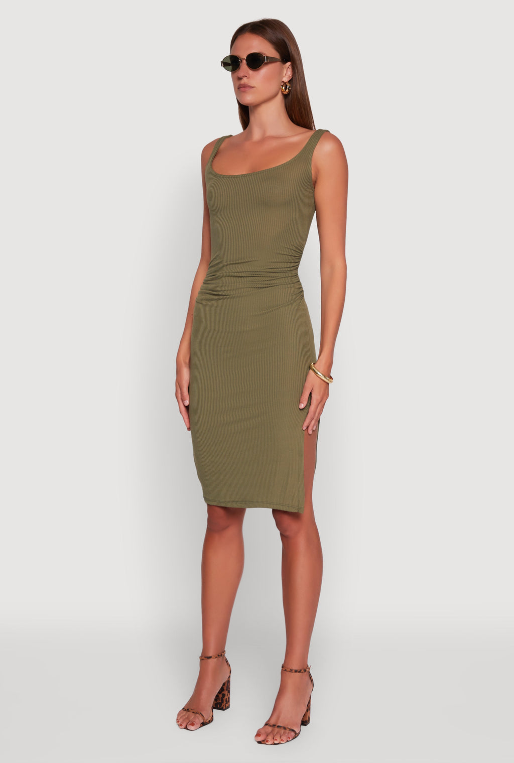 Rib Knit Side Slit Ruched Side Midi Dress