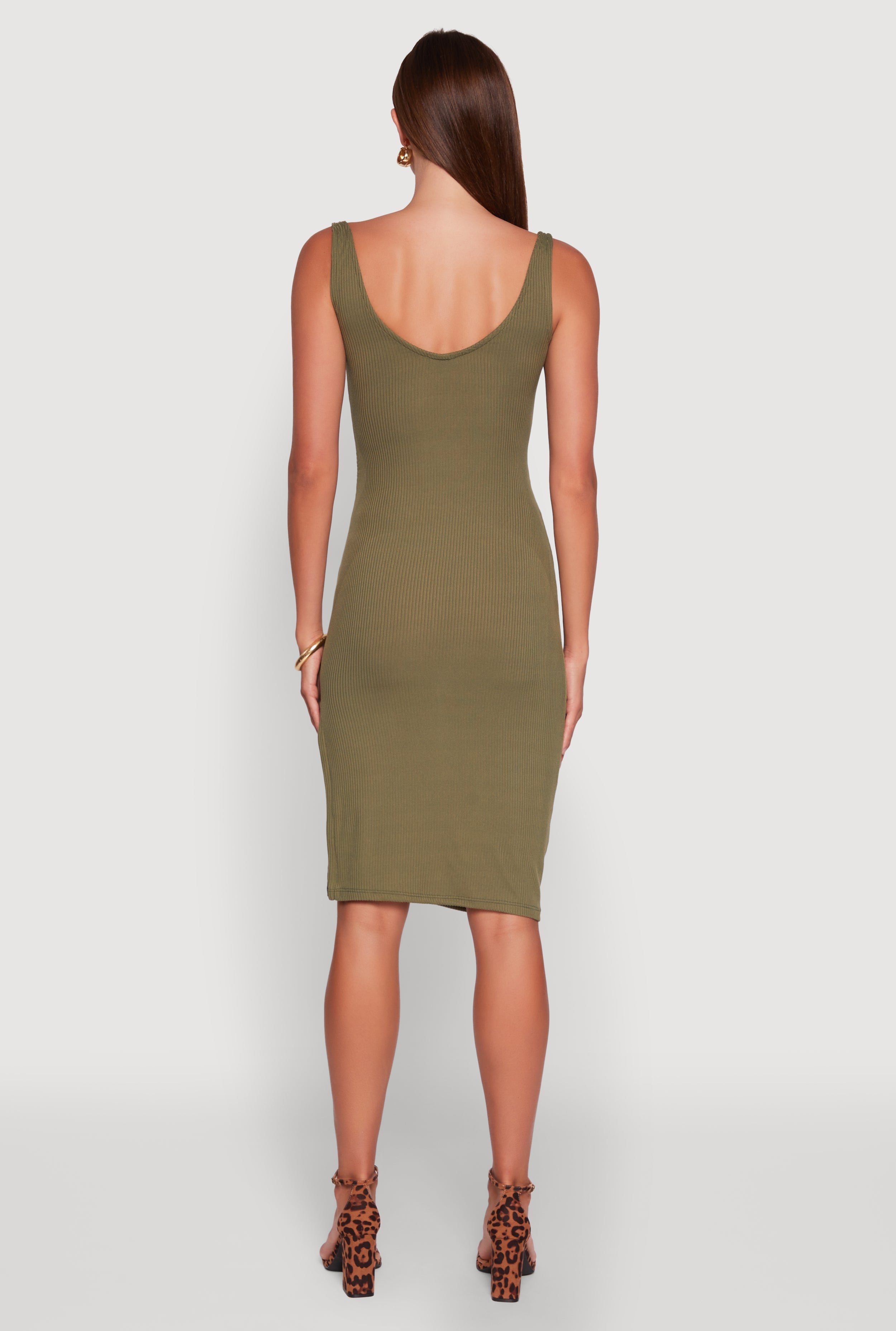 Rib Knit Side Slit Ruched Side Midi Dress