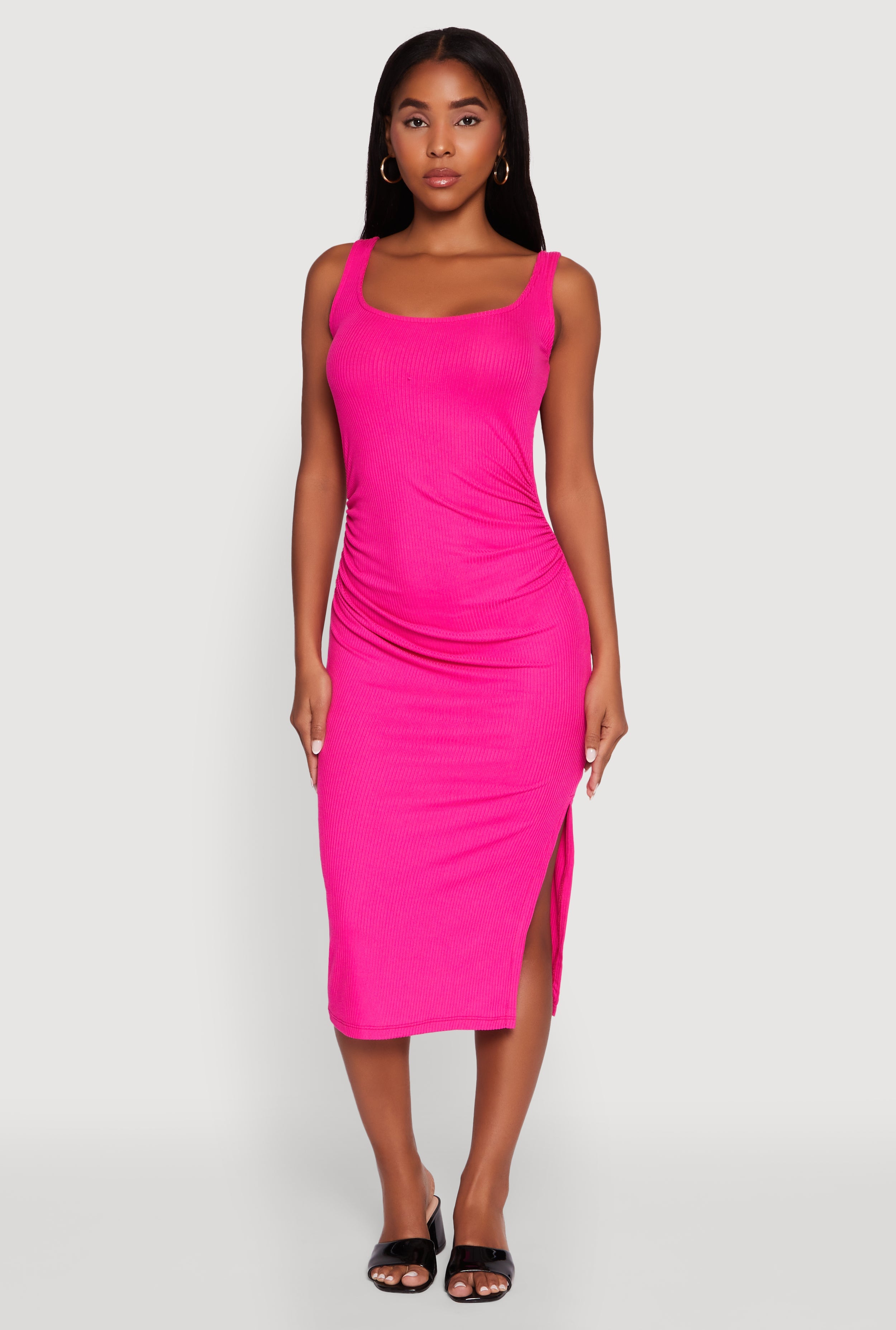 Rib Knit Side Slit Ruched Side Midi Dress