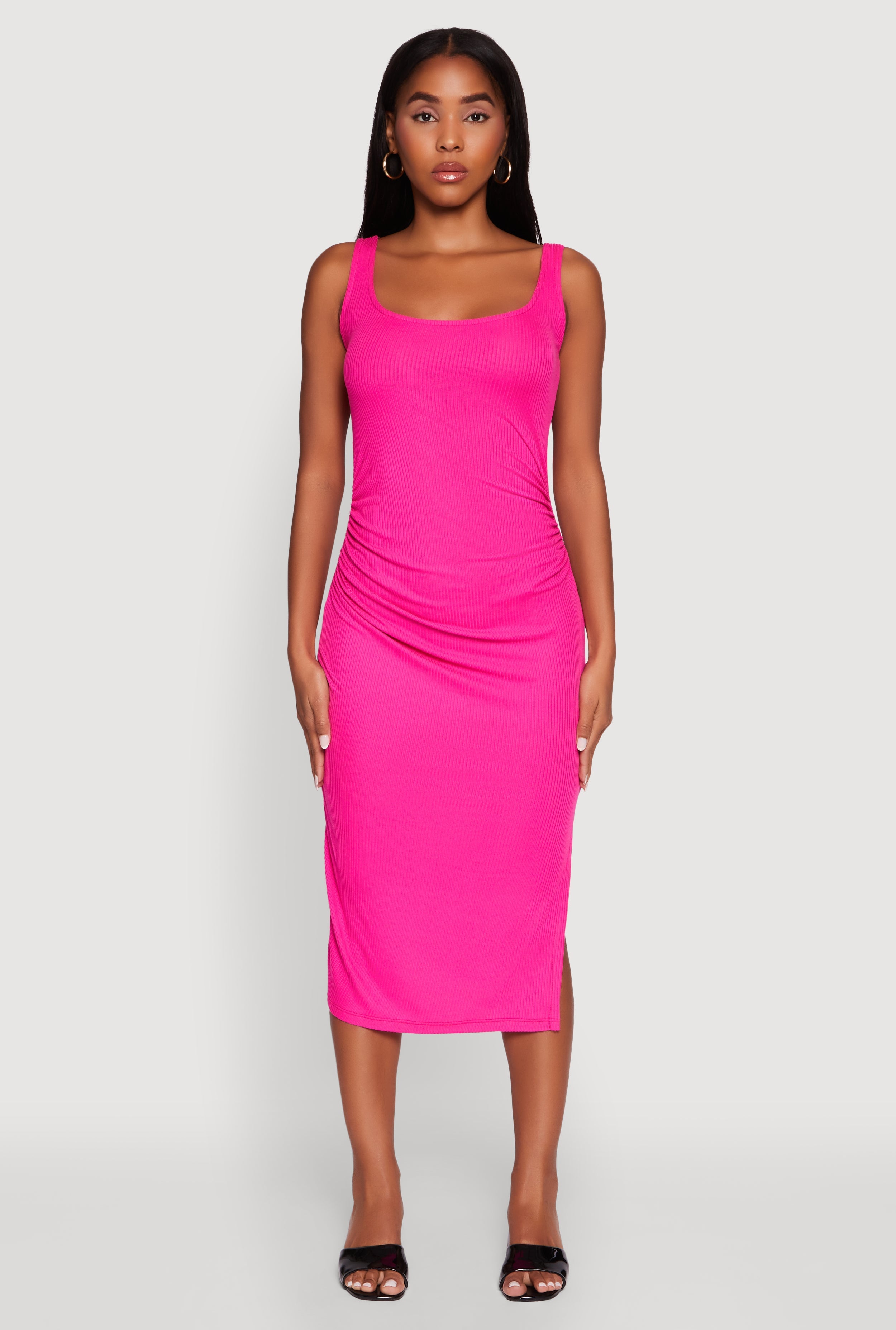 Rib Knit Side Slit Ruched Side Midi Dress