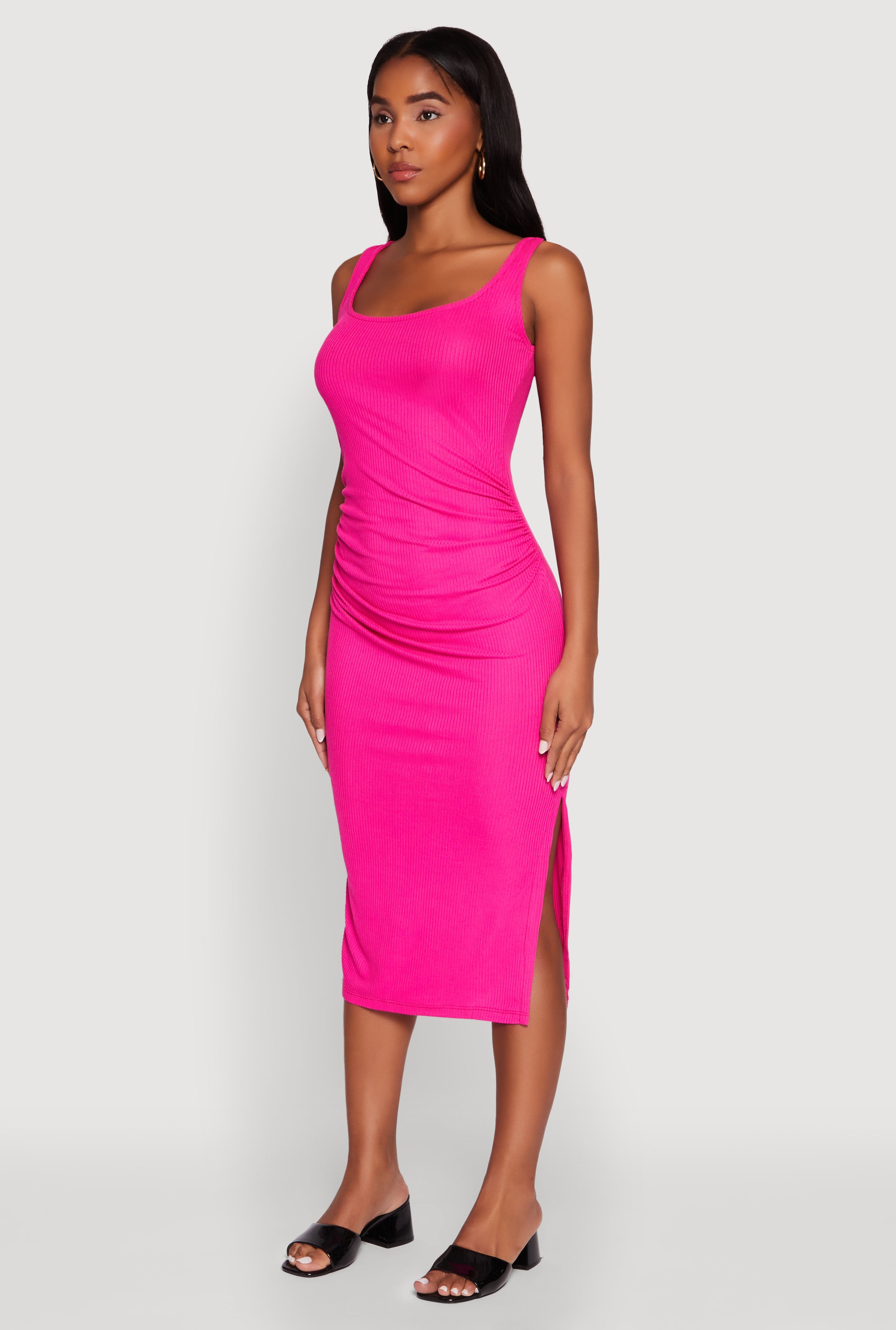 Rib Knit Side Slit Ruched Side Midi Dress