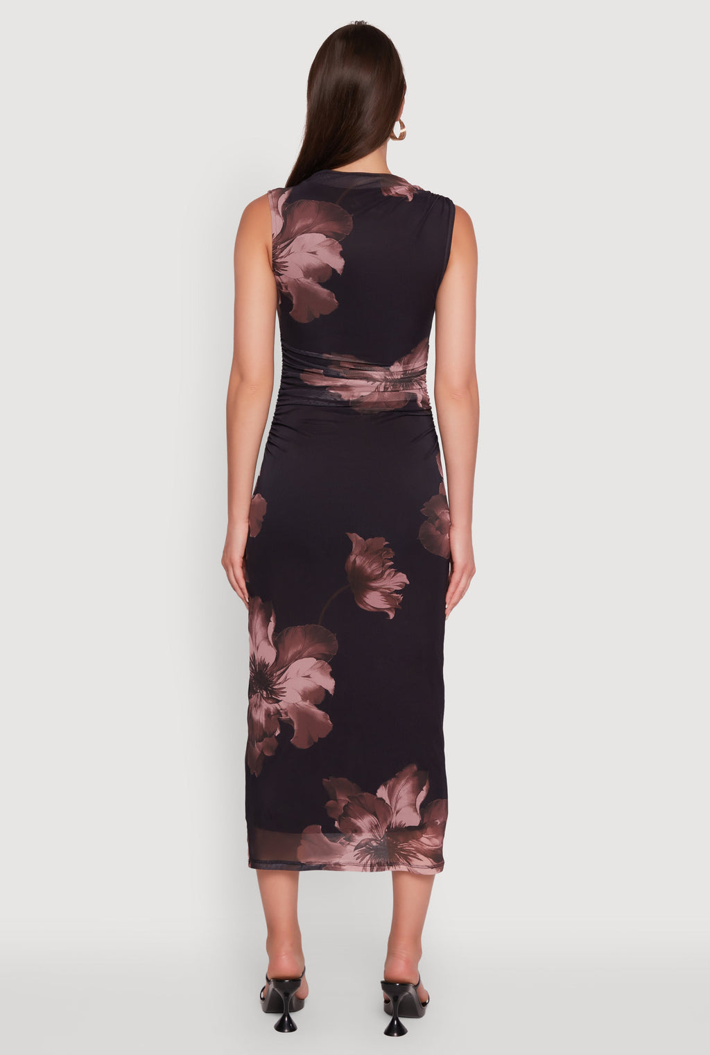 Madden Girl Floral Mesh Mock Neck Ruched Side Midi Dress