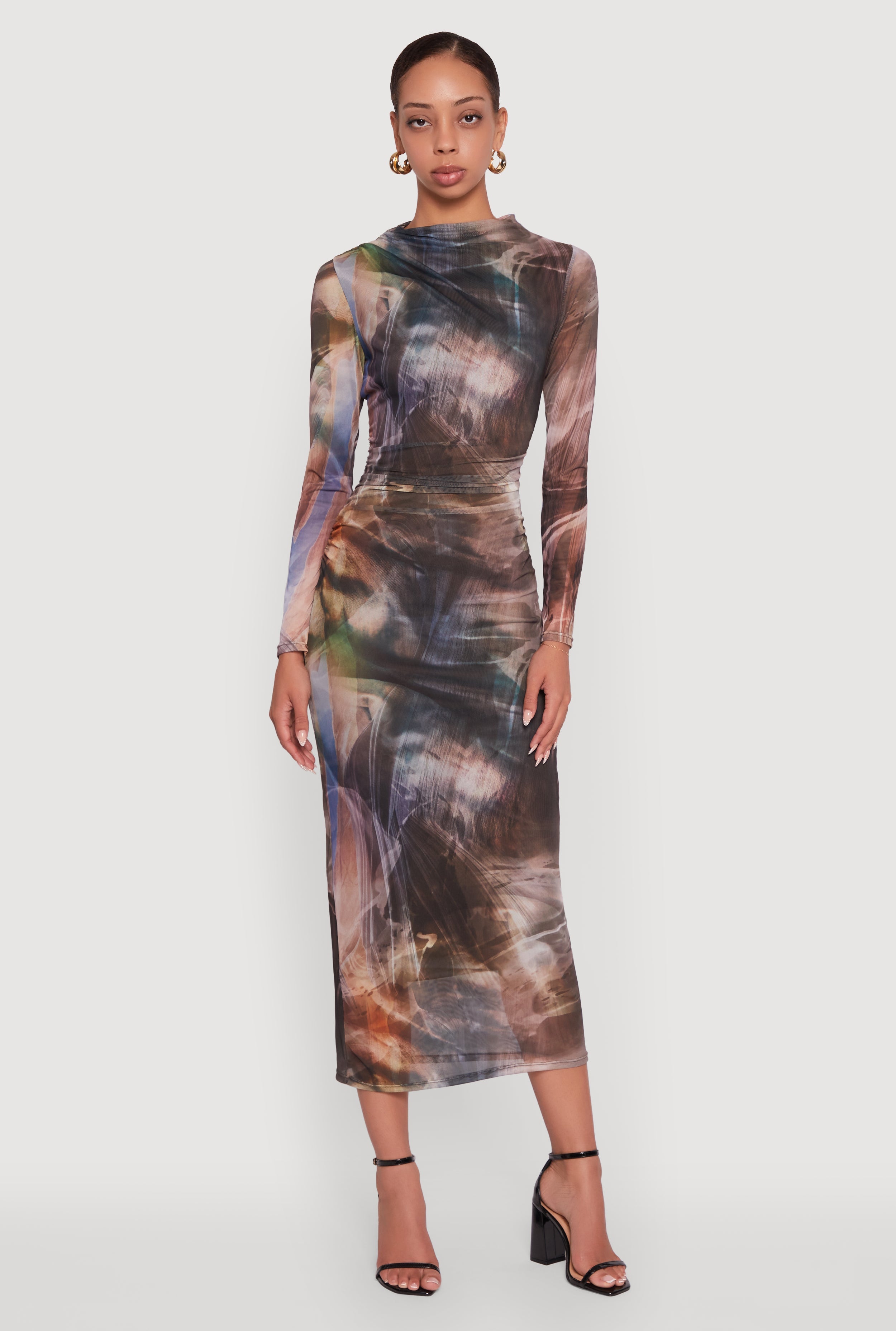 Almost Famous Patterned Mesh Ruched Side Midi Dress
