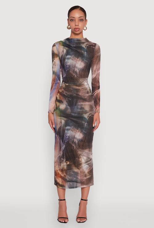 Almost Famous Patterned Mesh Ruched Side Midi Dress