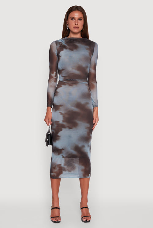 Almost Famous Patterned Mesh Ruched Side Midi Dress