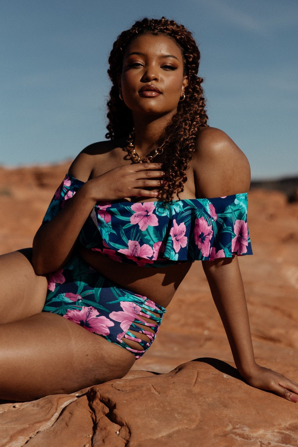 Keke High Waisted Bikini Bottom | Navy Tropical Floral