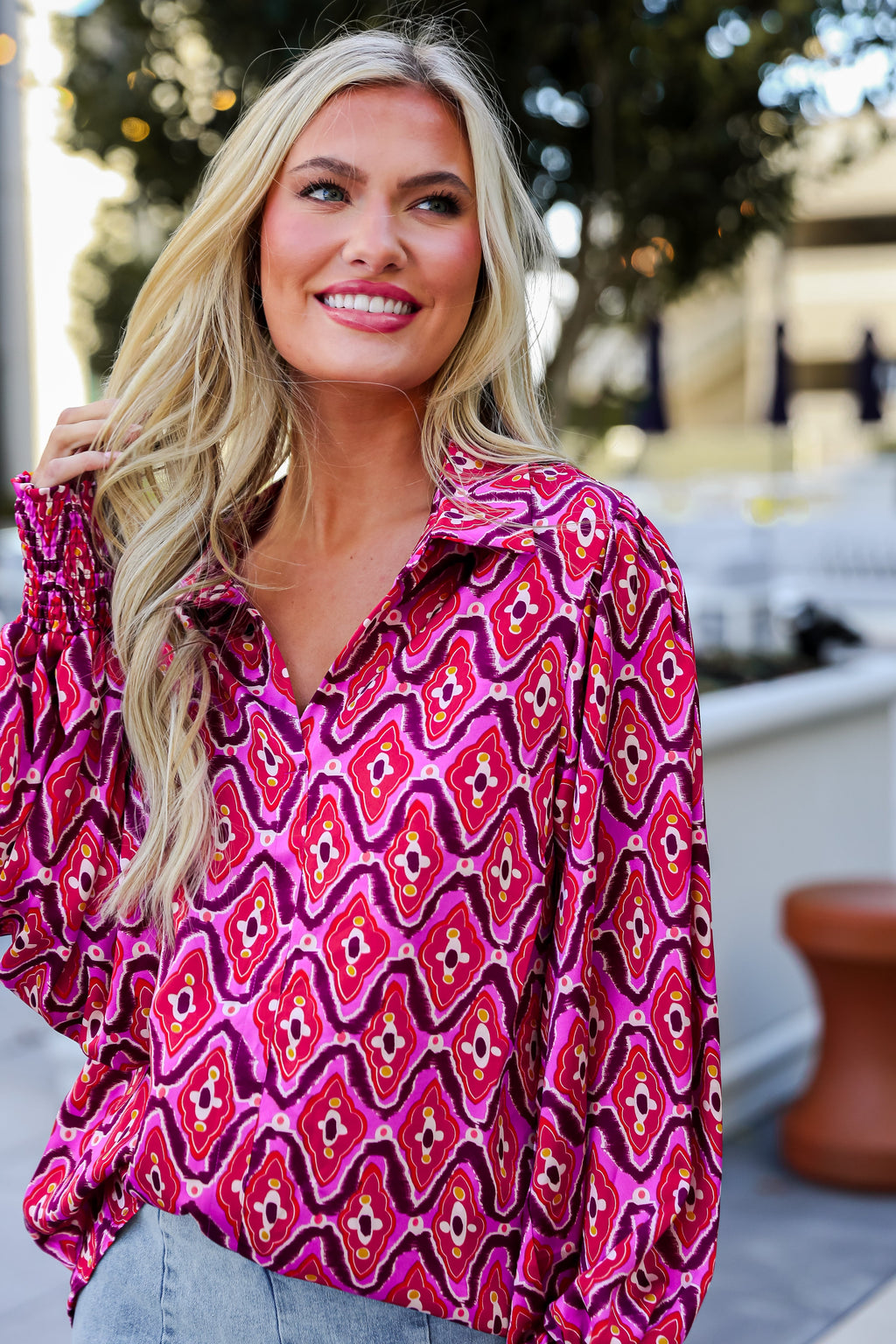 FINAL SALE - Sensational Fate Fuchsia Satin Blouse