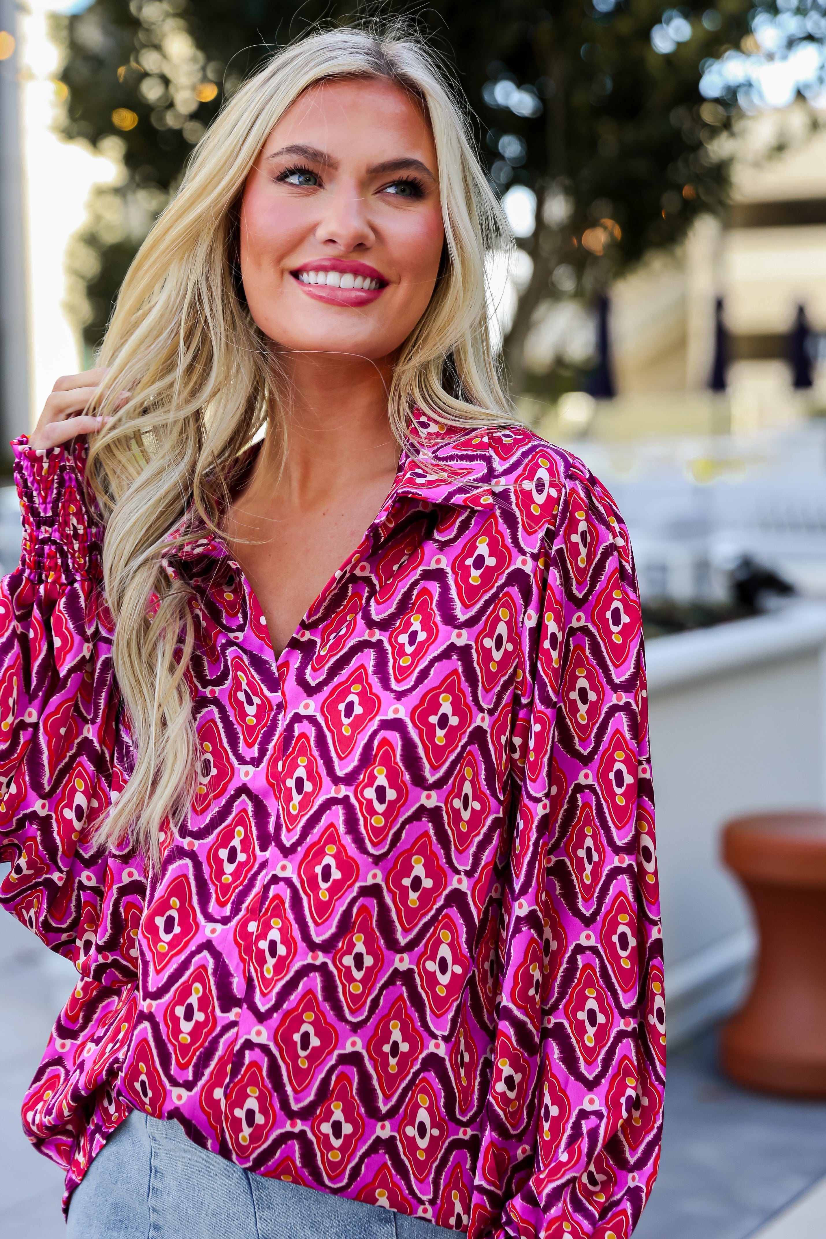 FINAL SALE - Sensational Fate Fuchsia Satin Blouse