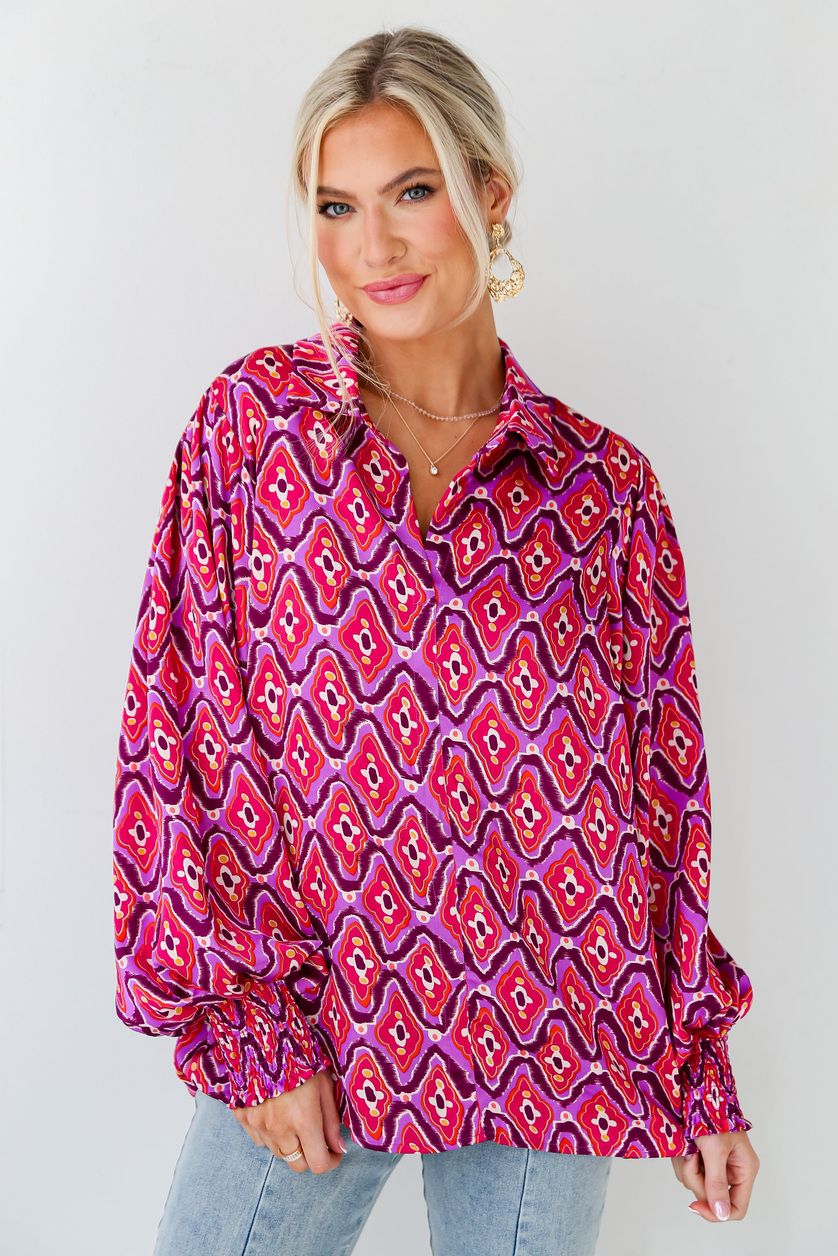 FINAL SALE - Sensational Fate Fuchsia Satin Blouse
