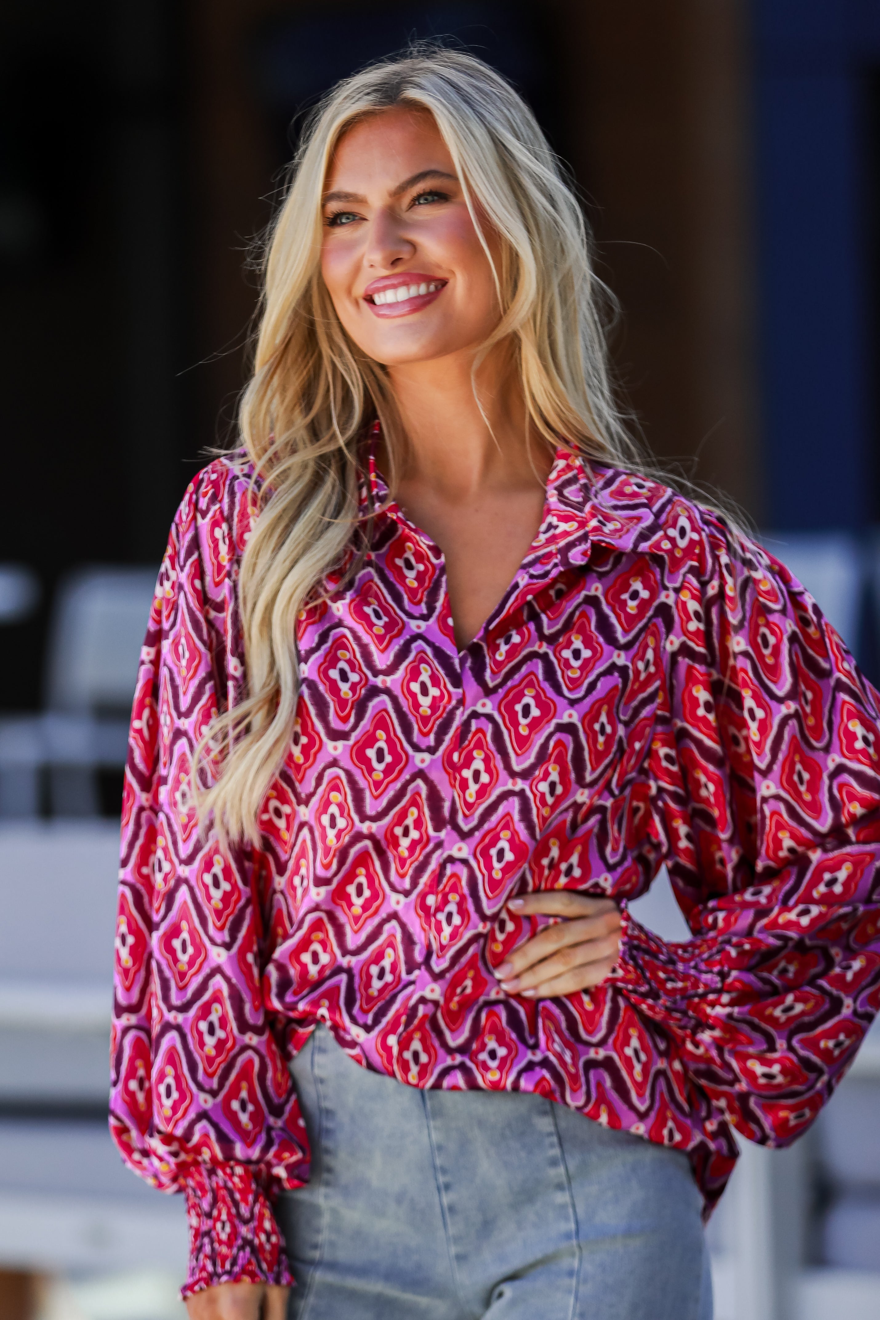 FINAL SALE - Sensational Fate Fuchsia Satin Blouse