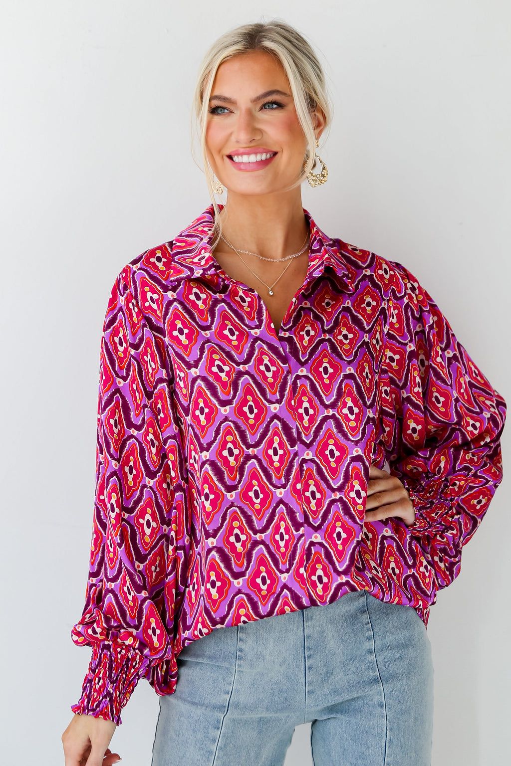 FINAL SALE - Sensational Fate Fuchsia Satin Blouse