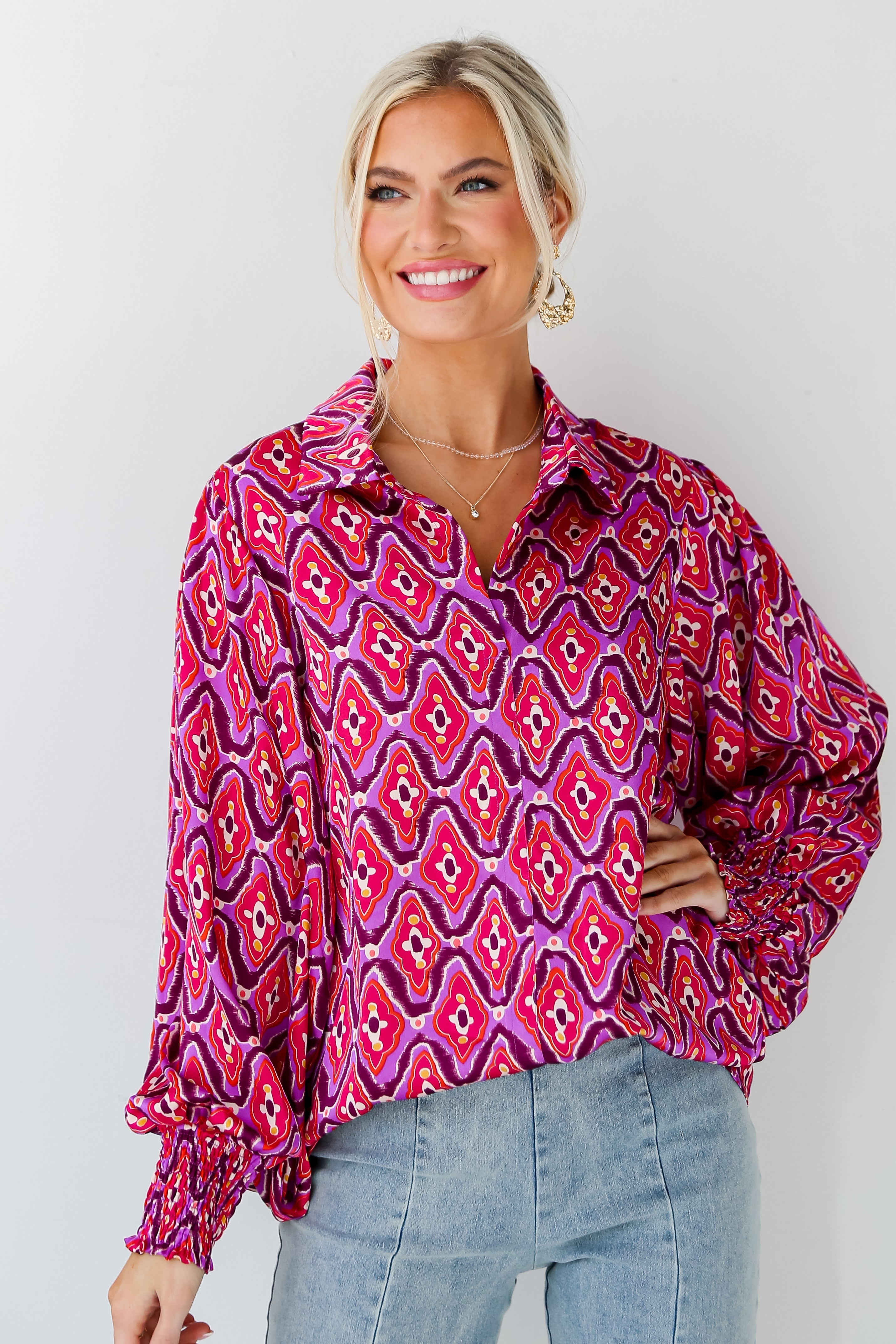 FINAL SALE - Sensational Fate Fuchsia Satin Blouse
